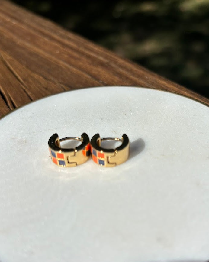 Blue and Orange Checkered Enamel Earrings