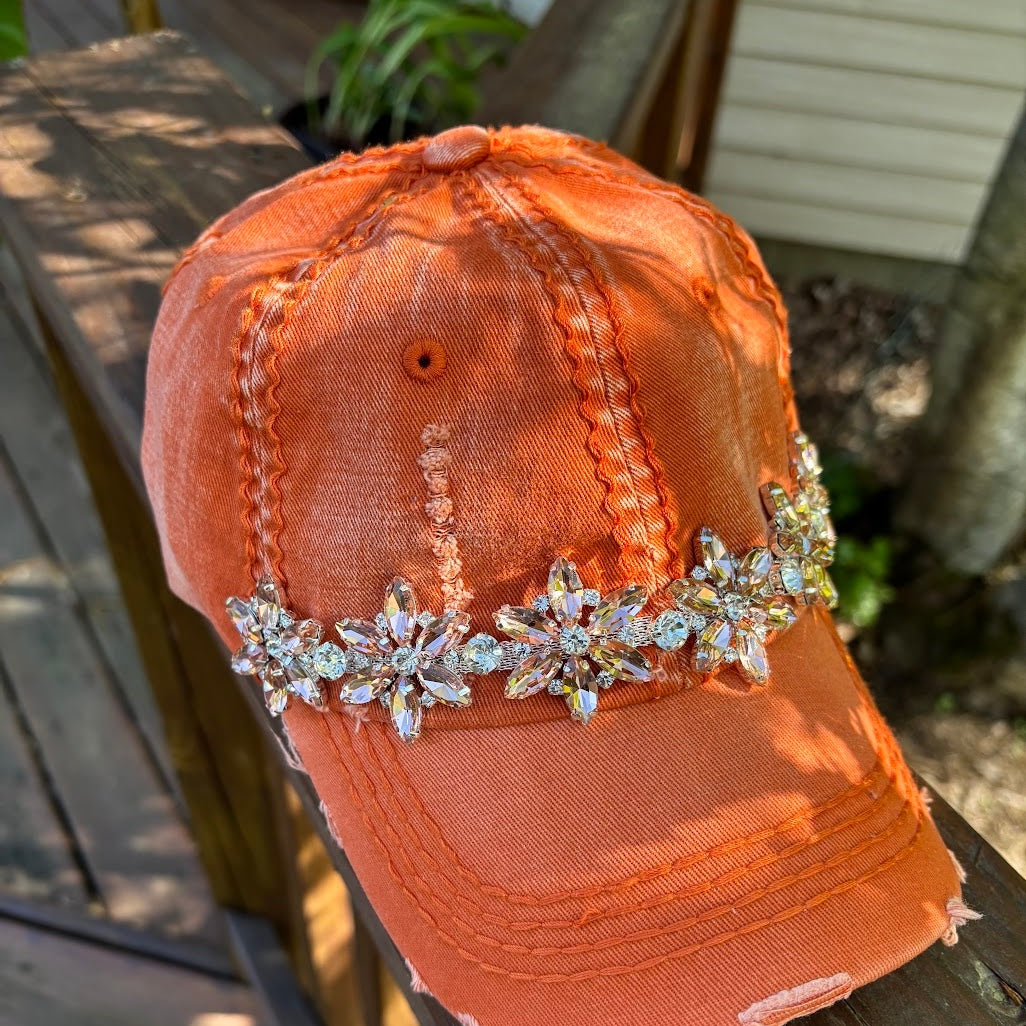 Bejeweled Distressed Orange Cap