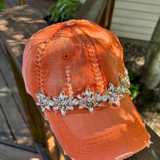 Bejeweled Distressed Orange Cap