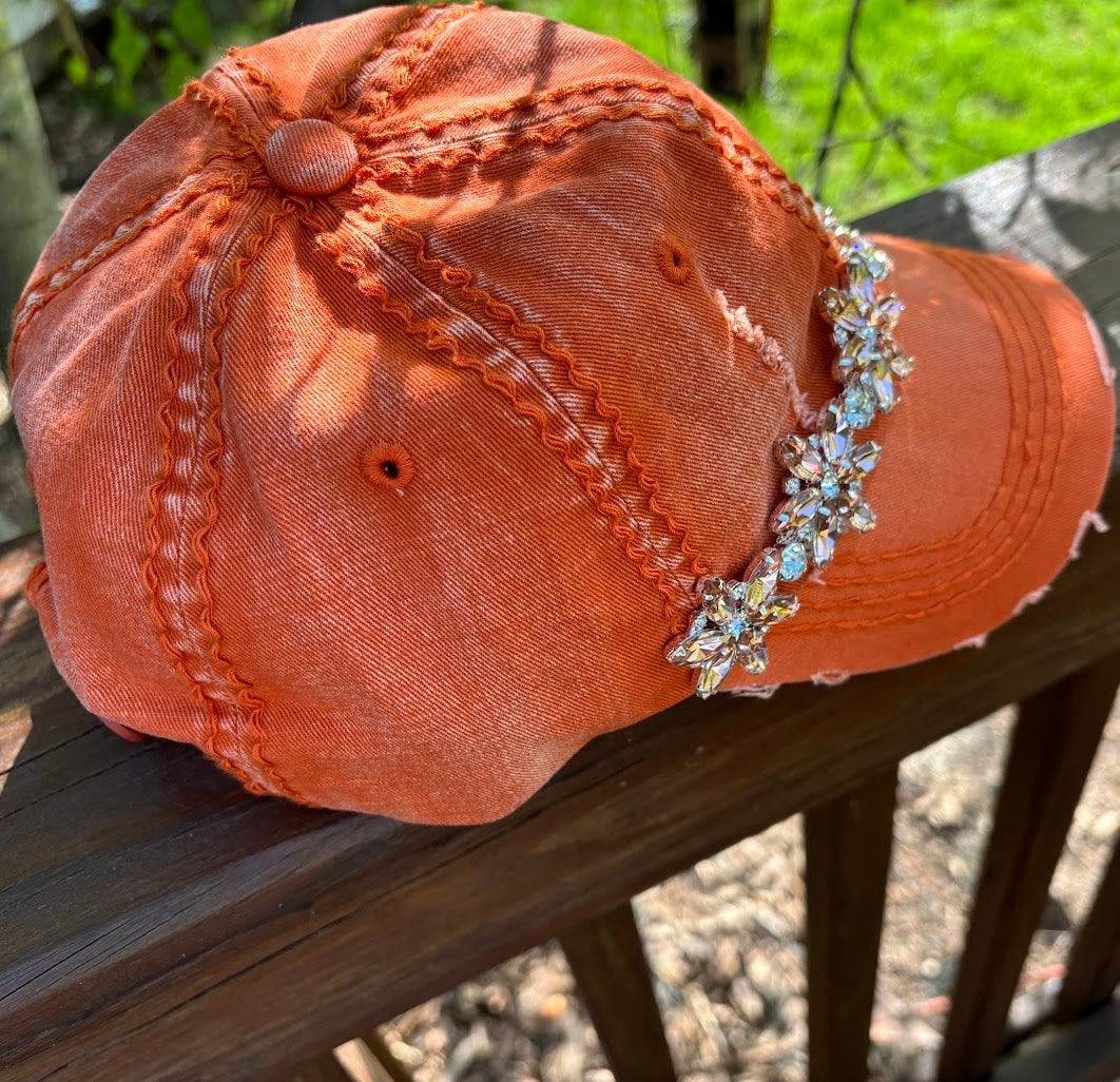 Bejeweled Distressed Orange Cap