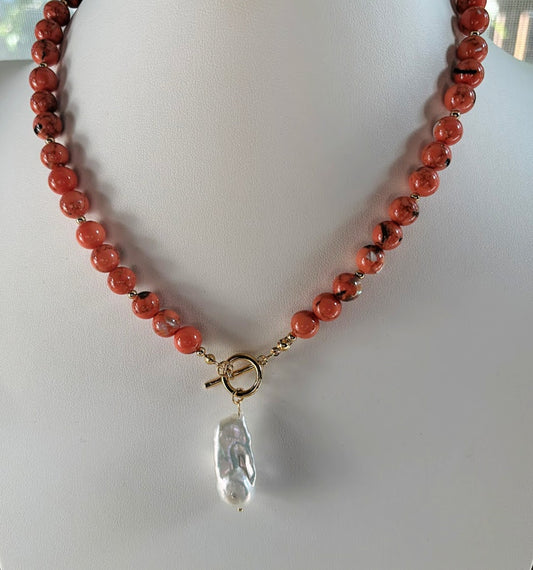 Orange Beaded necklace with pearl