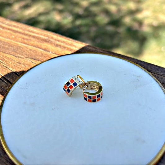 Blue and Orange Checkered Enamel Earrings