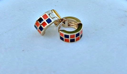 Blue and Orange Checkered Enamel Earrings