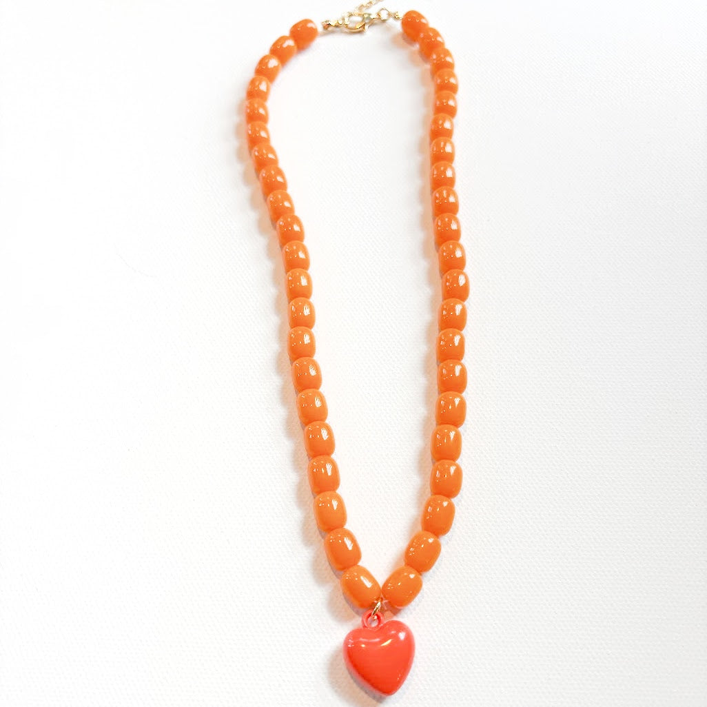 Orange Beaded Necklace with Heart