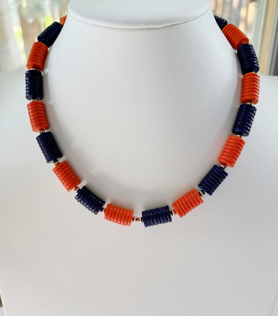 Stylish Navy and Orange Beaded Necklace