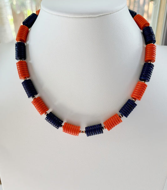 Stylish Navy and Orange Beaded Necklace