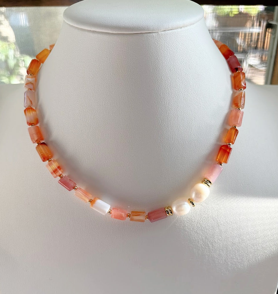 Orange Beaded Necklace with Pearls