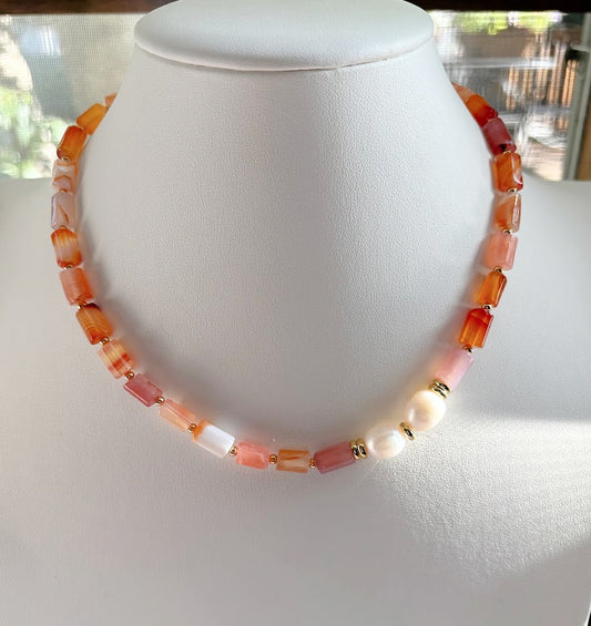 Orange Beaded Necklace with Pearls